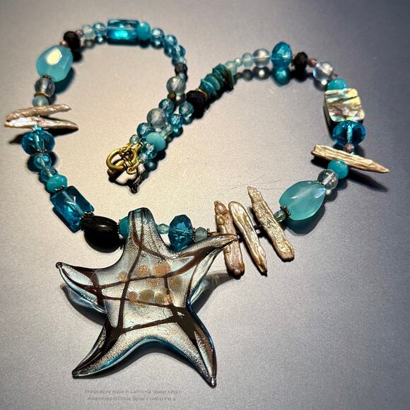Artisan Jewelry - Artisan Abalone Shell & Blue Glass Beaded Pendant Necklace